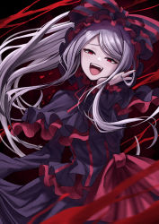 Rule 34 | 1girl, :d, absurdres, black bow, black dress, blood, bow, cowboy shot, dress, fangs, grey hair, hair bow, hand up, highres, karadborg, long hair, long sleeves, looking at viewer, nail polish, open mouth, overlord (maruyama), red background, red bow, red dress, red eyes, red nails, shalltear bloodfallen, smile, solo, teeth, tongue, two-tone dress, upper teeth only, vampire, very long hair