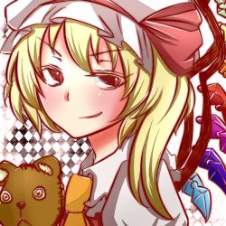 Rule 34 | ascot, asymmetrical hair, blonde hair, bow, colored eyelashes, crystal, flandre scarlet, hair bow, hat, looking at viewer, looking to the side, mob cap, puffy short sleeves, puffy sleeves, red eyes, short sleeves, side ponytail, smirk, solo, solo focus, stuffed animal, stuffed toy, teddy bear, touhou, wings