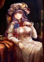 Rule 34 | 1girl, blue bow, blunt bangs, bow, breasts, capelet, cleavage, closed mouth, crescent, crescent hair ornament, cup, dress, expressionless, hair bow, hair ornament, hat, highres, indoors, long hair, long sleeves, md5 mismatch, medium breasts, mob cap, patchouli knowledge, purple eyes, purple hair, red bow, resolution mismatch, saucer, sidelocks, sitting, solo, source smaller, spoon, striped clothes, striped dress, table, teacup, tocope, touhou