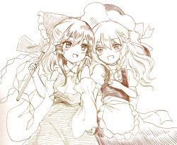 Rule 34 | 2girls, :d, apron, ascot, blush, bow, breasts, commentary, detached sleeves, gohei, greyscale, grin, hair bow, hair tubes, hakurei reimu, holding hands, hand on own chest, hat, kirisame marisa, large bow, long hair, looking at another, monochrome, multiple girls, open mouth, puffy short sleeves, puffy sleeves, short sleeves, skirt, skirt set, small breasts, smile, touhou, waist apron, wavy hair, witch hat, yuri, yururi nano