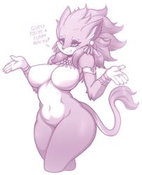 Rule 34 | 1girl, alternate form, animal ears, armlet, bracelet, breasts, cat ears, cat girl, cat tail, claws, curvy, earrings, covered erect nipples, eyelashes, furry, isabella (seiken densetsu 3), jewelry, large breasts, looking at viewer, monochrome, navel, necklace, no nipples, no pussy, nude, purple fur, purple hair, ring, secretly saucy, seiken densetsu, seiken densetsu 3, shrug, slit pupils, smile, standing, tail, thick thighs, thighs, white background, wide hips