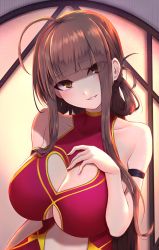 Rule 34 | 1girl, armband, bare shoulders, breasts, brown hair, cleavage, cleavage cutout, clothing cutout, dsr-50 (girls&#039; frontline), girls&#039; frontline, hand on own chest, highres, large breasts, leotard, looking at viewer, nail polish, popoman, seductive smile, skindentation, smile, source request