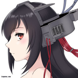 Rule 34 | 1girl, black hair, blush, closed mouth, cypress, from side, hair between eyes, headgear, kantai collection, long hair, looking at viewer, nagato (kancolle), portrait, red eyes, simple background, smile, solo, twitter username, white background