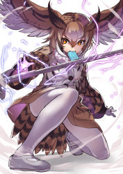 Rule 34 | 1girl, absurdres, action, bird girl, bird tail, bird wings, brown hair, brown jacket, coat, commentary, eating, eurasian eagle owl (kemono friends), food, food in mouth, fur collar, head wings, highres, jacket, kemono friends, long sleeves, looking at viewer, mary janes, multicolored hair, orange eyes, owl ears, owl girl, pantyhose, popsicle, shoes, short hair, solo, squatting, staff, tadano magu, tail, v-shaped eyebrows, weapon, white footwear, white fur, white hair, white pantyhose, wings, winter clothes, winter coat