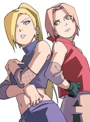 2girls back-to-back black_gloves blonde_hair blue_eyes closed_mouth earrings elbow_sleeve fishnet_sleeves fishnets forehead_protector gloves green_eyes hair_tie hand_on_own_hip haruno_sakura highres jewelry long_hair looking_at_another midriff multiple_girls naruto_(series) naruto_shippuuden navel parted_lips pink_hair pnpk_1013 ponytail purple_skirt purple_tank_top red_shirt shirt simple_background skirt sleeveless sleeveless_shirt tank_top white_background yamanaka_ino