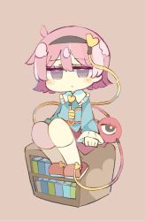 Rule 34 | 1girl, :/, baron (x5qgeh), black hairband, blouse, blue shirt, blush, bookshelf, chibi, closed mouth, commentary, frilled shirt collar, frilled sleeves, frills, full body, hair between eyes, hair ornament, hairband, heart, heart hair ornament, jitome, komeiji satori, long sleeves, looking at viewer, pink eyes, pink hair, pink skirt, red footwear, shirt, short hair, sitting, skirt, slippers, socks, solo, symbol-only commentary, third eye, touhou, white socks, wide sleeves