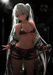 Rule 34 | 1girl, :d, absurdres, aqua hair, backlighting, bare shoulders, belt, belt buckle, bikini, bikini top only, black bikini, black shorts, breasts, buckle, cleavage, collarbone, commentary request, cowboy shot, curvy, eyebrows hidden by hair, eyelashes, gibun (sozoshu), green eyes, green nails, hatsune miku, head tilt, highres, holding, holding microphone stand, indoors, light particles, long hair, long sleeves, looking at viewer, medium breasts, microphone stand, midriff, nail polish, navel, no shirt, open mouth, revision, short shorts, shorts, shure 55sh, smile, solo, stomach, swimsuit, thighs, tsurime, twintails, v, very long hair, vocaloid