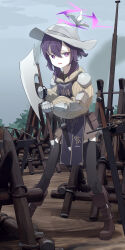 Rule 34 | 1girl, absurdres, armor, axe, belt pouch, black thighhighs, blue archive, boots, bow (weapon), brown footwear, brown skirt, cheval de frise, cloud, crossbow, dagger, dated commentary, gambeson, garter straps, gauntlets, grey sky, halo, haruka (blue archive), hat, hat feather, highres, holding, holding axe, knife, medium hair, mixed-language commentary, open mouth, outdoors, pauldrons, pigeon-toed, pouch, purple eyes, purple hair, ryeon (bluetom1), shoulder armor, skirt, sky, smoke, solo, standing, sword, tabard, thighhighs, wavy mouth, weapon, white hat, wide brim