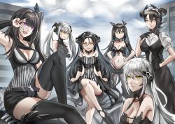 Rule 34 | 6+girls, agent (girls&#039; frontline), architect (girls&#039; frontline), arki arasy, bare shoulders, black dress, black gloves, black hair, black legwear, black shorts, breasts, cleavage, closed mouth, collarbone, crossed arms, crossed legs, destroyer (girls&#039; frontline), double bun, dreamer (girls&#039; frontline), dress, expressionless, feet out of frame, gager (girls&#039; frontline), girls&#039; frontline, gloves, green eyes, hair between eyes, hair bun, hair ornament, hairclip, hand on own hip, hands on own hips, highres, judge (girls&#039; frontline), legs, long hair, looking at viewer, medium breasts, medium hair, multicolored eyes, multicolored hair, multiple girls, navel, open mouth, purple eyes, salute, sangvis ferri, shorts, side ponytail, silver hair, simple background, sitting, smile, standing, teeth, thighhighs, twintails, upper teeth only, v, yellow eyes