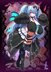 Rule 34 | 1girl, absurdres, black skirt, blue eyes, blue hair, blush, boots, breasts, cameltoe, cleavage, collarbone, commission, covered erect nipples, curvy, detached sleeves, fang, flower, frilled panties, frills, full body, gothic lolita, gradient eyes, gradient hair, hair flower, hair ornament, hair over one eye, highres, huge breasts, konoshige (ryuun), lolita fashion, long hair, looking at viewer, multicolored eyes, multicolored hair, multiple views, navel, navel piercing, original, panties, piercing, pubic tattoo, purple eyes, purple hair, shiny skin, signature, skirt, smile, standing, tattoo, thick thighs, thigh boots, thighs, twintails, underboob, underwear, very long hair, wide hips