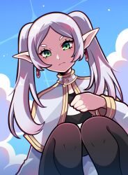 Rule 34 | 1girl, absurdres, artist name, black pantyhose, blue sky, capelet, closed mouth, cloud, commentary, drop earrings, earrings, elf, eyelashes, frieren, from below, gold trim, green eyes, highres, jewelry, long hair, looking at viewer, pantyhose, pointy ears, sky, solo, sousou no frieren, touyarokii, twintails, twitter username, white capelet, white hair