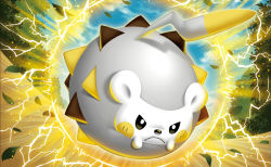 Rule 34 | black eyes, blue sky, closed mouth, cloud, cloudy sky, creature, creatures (company), day, electricity, frown, full body, game freak, gen 7 pokemon, leaf, nintendo, no humans, official art, outdoors, pokemon, pokemon (creature), pokemon tcg, sky, solo, third-party source, togedemaru, tsutsui misa