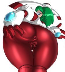 Rule 34 | 1girl, android, anus, armor, ass, ass grab, blue eyes, cameltoe, deep skin, from behind, from below, green hair, highres, huge ass, looking back, looking down, marina liteyears, pussy, short hair, solo, spread anus under clothes, spread ass, spread pussy, spread pussy under clothes, yuke yuke!! trouble makers