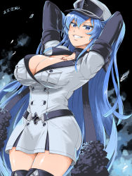 Rule 34 | 1girl, akame ga kill!, arms behind head, arms up, belt, blue eyes, blue hair, boots, breasts, chest tattoo, choker, cleavage, coat, commentary, commentary request, commission, english commentary, esdeath, grin, hair between eyes, hat, highres, ice, large breasts, long hair, looking at viewer, military, military uniform, peaked cap, smile, solo, tattoo, teeth, thigh boots, thighhighs, uniform, very long hair, yoshitake maki, zettai ryouiki