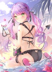 Rule 34 | 1girl, absurdres, ass, back, bibi (tokoyami towa), bikini, black bikini, black ribbon, blush, bracelet, breasts, cellphone, closed mouth, clothing cutout, commentary request, demon tail, dutch angle, flower, full body, green eyes, hair ornament, hair ribbon, hairclip, heart cutout, highres, holding, holding phone, hololive, jewelry, kebaboishii, looking at viewer, looking back, medium breasts, multicolored hair, nail polish, palm tree, phone, piercing, pink flower, pink hair, purple hair, red nails, ribbon, sandals, sitting, smartphone, smile, solo, swimsuit, tail, tail ornament, tail piercing, tail raised, tail through clothes, tokoyami towa, tree, two-tone hair, virtual youtuber, wariza, water, x hair ornament