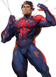 Rule 34 | 1boy, animal print, bara, black hair, blue bodysuit, bodysuit, highres, large pectorals, male focus, marvel, miguel o&#039;hara, muscular, muscular male, pectorals, red bodysuit, short hair, simple background, solo, spider-man: across the spider-verse, spider-man (2099), spider-man (series), spider-verse, spider print, teeth, tengo (maotengo), thick thighs, thighs, torn bodysuit, torn clothes, two-tone bodysuit, white background