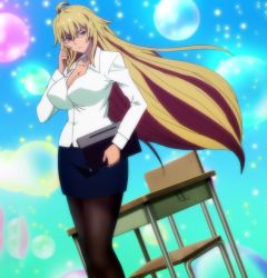 Rule 34 | 10s, 1girl, blonde hair, breasts, female focus, highres, huge breasts, kaneko hiraku, large breasts, long hair, red eyes, screencap, shikishima mirei, solo, standing, stitched, teacher, third-party edit, valkyrie drive, valkyrie drive -mermaid-