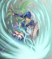 Rule 34 | 1girl, armor, artist name, fire emblem, fire emblem: path of radiance, full body, green hair, helmet, highres, holding, holding shield, long hair, nephenee, nintendo, open mouth, polearm, shield, skirt, solo, thigh strap, weapon, white skirt, will (willanator93)