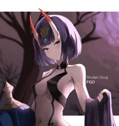Rule 34 | 1girl, absurdres, bare shoulders, bob cut, breasts, collarbone, eyeliner, fate/grand order, fate (series), headpiece, highres, horns, looking at viewer, makeup, navel, nyxview, oni, purple eyes, purple hair, revealing clothes, short hair, shuten douji (fate), skin-covered horns, small breasts, smile, solo