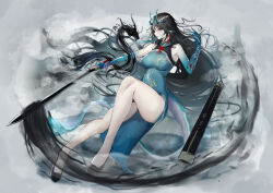 Rule 34 | 1girl, absurdres, aqua dress, aqua horns, aqua skin, arknights, black footwear, black hair, black panties, breasts, commentary request, dragon girl, dragon horns, dragon tail, dress, dusk (arknights), full body, gradient skin, grey background, highres, holding, holding sword, holding weapon, horns, knee up, large breasts, long hair, looking at another, open mouth, panties, pantyshot, poni (poni arknights), red eyes, scabbard, sheath, solo, sword, tail, thighs, underwear, very long hair, weapon