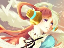 Rule 34 | 1girl, black ribbon, commentary request, detective 0414, feathers, floating hair, hair over one eye, headphones, highres, looking to the side, multicolored hair, neck ribbon, one piece, purple eyes, red hair, ribbon, smile, solo, sunset, twintails, two-tone hair, upper body, uta (one piece), white feathers, white hair