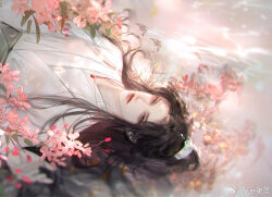 Rule 34 | 1boy, artist request, black hair, character request, chu wanning, copyright request, erha he tadebai mao shizun, flower, long hair, lying, male focus, on back, robe, solo, water, watermark, white robe