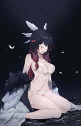 Rule 34 | 1girl, babydoll, bare legs, bare shoulders, black background, black hair, blush, bow, breasts, bug, butterfly, choker, cleavage, closed eyes, coat, columbina (genshin impact), eye mask, feint721, fur-trimmed coat, fur trim, genshin impact, gradient hair, hair wings, head wings, highres, insect, large breasts, lingerie, long hair, multicolored hair, navel, negligee, off shoulder, open mouth, paid reward available, panties, red hair, ripples, see-through, sitting, sitting on water, smile, solo, stomach, streaked hair, string panties, thighs, two-tone hair, underwear, wariza, water, white bow, white choker, white coat, white mask, white panties, wings