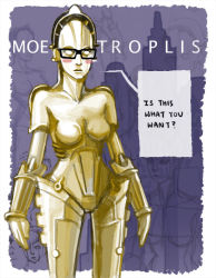 Rule 34 | 1girl, android, blush stickers, breasts, cityscape, commentary, copyright name, cyberpunk, english text, glasses, jonathan kim, maschinenmensch, metropolis, moe (phrase), parody, pun, robot, science fiction, solo