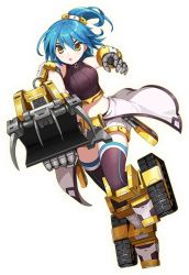 Rule 34 | &gt;:o, 1girl, :o, ahoge, armlet, artist request, bandages, bare shoulders, black thighhighs, blue hair, blush, bracelet, compact truck loader gb (ole tower), full body, gloves, jewelry, knee pads, leg up, machinery, navel, official art, ole tower, open mouth, ponytail, shoes, short hair, short ponytail, shorts, shoulder pads, side ponytail, skid-steer loader (ole tower), solo, thighhighs, transparent background, v-shaped eyebrows, yellow eyes