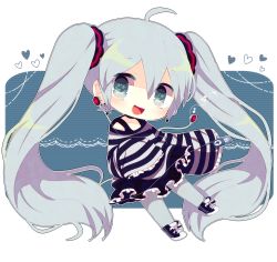 Rule 34 | 1girl, ahoge, bad id, bad pixiv id, chibi, digital media player, earbuds, earphones, earrings, haru431, hatsune miku, ipod, jewelry, long hair, musical note, open mouth, pantyhose, sleeves past wrists, solo, striped, twintails, very long hair, vocaloid