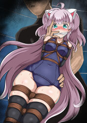 Rule 34 | 1boy, 1girl, ahoge, animal ears, arms behind back, bdsm, between breasts, black gloves, black thighhighs, blush, bondage, bound, bound arms, bound legs, breast bondage, breasts, cat ears, cleave gag, cloth gag, crotch, cyber (cyber knight), drooling, embarrassed, fake animal ears, gag, gagged, gloves, green eyes, hair ornament, highres, imminent rape, improvised gag, kidnapped, legs, legs together, long hair, looking at viewer, looking down, mile (noukin), older man and younger girl, one-piece swimsuit, pink hair, rope, saliva, school swimsuit, shibari, shibari over clothes, shoulder gloves, simple background, skindentation, small breasts, sweat, nervous sweating, swimsuit, tears, thighhighs, thighs, very long hair, watashi nouryoku wa heikinchi de tte itta yo ne!