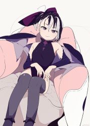 Rule 34 | 1girl, bare shoulders, black hair, black thighhighs, looking at viewer, original, short hair, side ponytail, sitting, smile, so shina, sohin, solo, thighhighs, white hair, wings