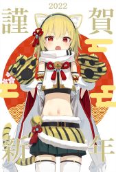 Rule 34 | 1girl, 2022, animal ears, animal hands, animal print, bell, belt, black hairband, blonde hair, blush, chinese zodiac, fang, fur trim, green skirt, hairband, long hair, long sleeves, navel, open mouth, original, red eyes, scarf, skirt, solo, tail, tiger girl, tiger print, tiger tail, wasabi60, white scarf, wide sleeves, year of the tiger