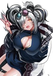 Rule 34 | 1girl, :d, animal ears, arknights, bare shoulders, black dress, breasts, china dress, chinese clothes, cleavage, cleavage cutout, clothing cutout, commentary request, cowboy shot, dress, fang, feater (arknights), hair over one eye, hand up, highres, jacket, large breasts, long hair, long sleeves, looking at viewer, multicolored hair, off shoulder, open clothes, open jacket, open mouth, orange eyes, panda ears, panda girl, razu (rus), round eyewear, silver hair, sleeveless, sleeveless dress, smile, solo, streaked hair, thigh strap, twintails, v, white jacket
