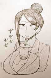 Rule 34 | 1girl, bijin onna joushi takizawa-san, black eyes, black hair, blazer, blush, bouncing breasts, breasts, bubble tea, bubble tea challenge, cleavage, closed mouth, collarbone, cup, drinking glass, drinking straw, drinking straw in mouth, earrings, female focus, formal, hair bun, jacket, japanese text, jewelry, large breasts, looking to the side, monochrome, necklace, pen (medium), sketch, solo, solo focus, sound effects, straw, suit, suit jacket, takizawa kyouko, traditional media, undershirt, yan-baru