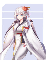 Rule 34 | 1girl, azur lane, bad id, bad pixiv id, black gloves, blacktheif, blue eyes, blunt bangs, blush, breasts, closed mouth, collarbone, flower, gloves, hair flower, hair ornament, half gloves, hands up, highres, japanese clothes, kimono, large breasts, leg up, long hair, looking at viewer, mole, mole under eye, partially fingerless gloves, shoukaku (azur lane), sidelocks, silver hair, smile, solo, standing, standing on one leg, tassel, thighhighs, thighs, white thighhighs, wide sleeves