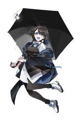 Rule 34 | 1girl, :d, ahoge, apron, black apron, black hair, black jacket, black pantyhose, black umbrella, blue eyes, blue hair, blue necktie, blue tongue, bright pupils, collared shirt, colored tongue, commentary request, full body, highres, holding, holding umbrella, jacket, long sleeves, looking at viewer, medium hair, multicolored hair, necktie, off shoulder, ok o o, open mouth, original, pantyhose, shirt, shoes, simple background, smile, solo, streaked hair, teruterubouzu, umbrella, white background, white footwear, white pupils, white shirt, wing collar