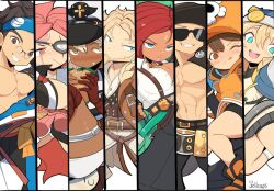 Rule 34 | 4boys, 4girls, anchor, androgyne symbol, baiken, bandaged arm, bandages, beard, big hair, bike shorts, black headwear, black jacket, black kimono, blonde hair, blue eyes, blue headband, blush, breasts, bridget (guilty gear), brown coat, brown eyes, brown gloves, brown hair, cabbie hat, cleavage, coat, cowboy hat, cuffs, dark-skinned female, dark skin, facial hair, facial tattoo, fingerless gloves, fur-trimmed coat, fur trim, giovanna (guilty gear), glasses, gloves, guilty gear, guilty gear strive, habit, hair between eyes, handcuffs, hat, hat ornament, headband, high-waist pants, holding, holding anchor, hood, hood up, hooded jacket, hoodie, jacket, jacket on shoulders, japanese clothes, jellcaps, johnny (guilty gear), kimono, large belt, large breasts, leo whitefang, long hair, long sleeves, looking at viewer, manly, mature male, may (guilty gear), medium hair, mito anji, multicolored clothes, multicolored kimono, multiple boys, multiple girls, muscular, muscular male, one-eyed, open clothes, open hoodie, open kimono, open mouth, orange eyes, orange footwear, orange headwear, orange hoodie, pants, partially unbuttoned, pince-nez, pink hair, ramlethal valentine, red bandage, red eyes, red hair, samurai, scar, scar across eye, shirt, short hair, short shorts, shorts, skull and crossbones, skull hat ornament, smile, sunglasses, suspenders hanging, tattoo, thigh strap, trap, white kimono, white shirt, white shorts