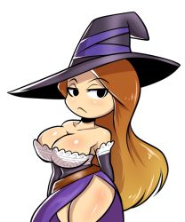 Rule 34 | 1girl, bare shoulders, breasts, brown hair, captainanaugi, cleavage, dragon&#039;s crown, female focus, hat, large breasts, long hair, looking at viewer, simple background, solo, sorceress (dragon&#039;s crown), white background, witch hat
