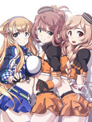Rule 34 | 3girls, 547th sy, alternate costume, asagumo (kancolle), bandeau, black headwear, black jacket, blonde hair, blue skirt, braid, breast press, breasts, brown hair, cloud hair ornament, commentary request, cosplay, cowboy shot, cropped jacket, double bun, fletcher (kancolle), girl sandwich, gradient hair, grey eyes, grey hairband, hair bun, hair ornament, hair ribbon, hairband, highres, jacket, kantai collection, large breasts, light brown hair, long hair, midriff, minegumo (kancolle), multicolored clothes, multicolored hair, multicolored jacket, multiple girls, natsugumo (kancolle), natsugumo (kancolle) (cosplay), orange bandeau, orange skirt, pleated skirt, purple eyes, race queen, red eyes, ribbon, sandwiched, skirt, small breasts, smile, star (symbol), star hair ornament, symmetrical docking, twin braids, twintails