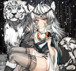 Rule 34 | 1girl, absurdres, ahoge, animal ear fluff, animal ears, animal print, arknights, bead necklace, beads, bell, black footwear, boots, braid, commentary, dress, feet out of frame, fur-trimmed boots, fur trim, grey eyes, grey thighhighs, hands up, head chain, highres, holding, holding bell, holding own tail, huge filesize, jewelry, kanniiepan, leopard, leopard ears, leopard girl, leopard print, leopard tail, long sleeves, necklace, pelvic curtain, pramanix (arknights), side braids, silver hair, sitting, snow leopard, snowing, tail, thighhighs, thighs, turtleneck, turtleneck dress, twin braids, white dress, wide sleeves