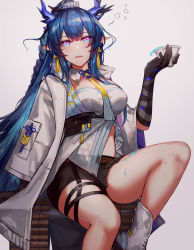 Rule 34 | 1girl, absurdres, akqne, arknights, black gloves, black shorts, blue eyes, blue hair, blush, boots, braid, breasts, cleavage, coat, cup, detached collar, dragon horns, dripping, drunk, earrings, elbow gloves, gloves, highres, holding, holding cup, horns, jewelry, knee boots, knee up, large breasts, ling (arknights), long hair, long sleeves, looking at viewer, medium breasts, necktie, open clothes, open coat, parted lips, pointy ears, short shorts, shorts, simple background, sitting, smile, solo, squeans, thigh strap, very long hair, white background, white coat, white footwear, yellow necktie