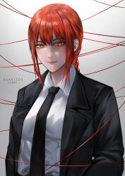 Rule 34 | 1girl, absurdres, artist name, asarizer, black necktie, black suit, braid, braided ponytail, breasts, chainsaw man, commentary, dated, formal, highres, large breasts, makima (chainsaw man), necktie, orange eyes, red hair, ringed eyes, sidelocks, single braid, smile, solo, string, suit, upper body
