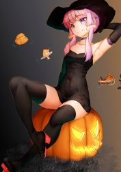 Rule 34 | 1girl, absurdres, arm behind head, arm up, armpits, black choker, black footwear, black gloves, black hat, black thighhighs, choker, closed mouth, commentary, covered navel, dress, elbow gloves, english commentary, female focus, food, gloves, halloween costume, happy halloween, hat, high heels, highres, jack-o&#039;-lantern, looking at viewer, microdress, nicchi, pie, purple eyes, purple hair, short hair with long locks, sitting, smile, solo, spiked choker, spikes, strapless, strapless dress, thighhighs, voiceroid, witch hat, yuzuki yukari