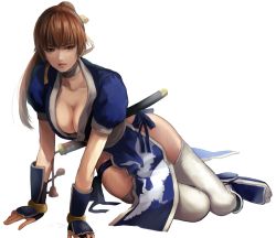 Rule 34 | 1girl, arm support, breasts, brown eyes, brown hair, choker, cleavage, dead or alive, exhausted, full body, gauss &lt;bokashi, highres, kasumi (doa), long hair, medium breasts, ninja, parted lips, pelvic curtain, ponytail, puffy short sleeves, puffy sleeves, short sleeves, simple background, solo, sweat, tecmo, thighhighs, weapon, weapon on back, white background, white choker, white thighhighs, zettai ryouiki