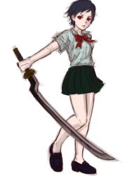 Rule 34 | 1girl, aburiinu, black footwear, black hair, black skirt, blood+, bow, bowtie, closed mouth, commentary, furrowed brow, hair strand, heel up, highres, holding, holding sword, holding weapon, katana, loafers, looking at viewer, otonashi saya, outstretched arm, pleated skirt, red bow, red bowtie, red eyes, red ribbon, ribbon, school uniform, shirt, shoes, short hair, short sleeves, simple background, sketch, skirt, solo, sword, unfinished, weapon, white background, white shirt