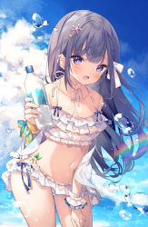 Rule 34 | 1girl, ana (rznuscrf), bikini, black hair, bottle, braid, breasts, cleavage, cloud, frilled bikini, frills, hand on own thigh, highres, leaning forward, long hair, looking at viewer, navel, off shoulder, open mouth, original, outdoors, pink eyes, ribbon, shirt, sky, small breasts, smile, solo, swimsuit, thighs, water, water bottle, white bikini, white shirt, wind
