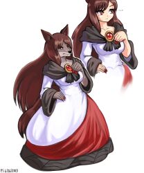 Rule 34 | ..., 1girl, absurdres, breasts, brown hair, closed mouth, commentary, dated, dress, english commentary, fingernails, full body, furry, furry female, highres, imaizumi kagerou, imaizumi kagerou (wolf), long fingernails, long hair, looking at viewer, medium breasts, multiple views, profitshame, red dress, red eyes, red nails, signature, simple background, standing, touhou, two-tone dress, white background, white dress