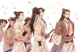 Rule 34 | 6+boys, black eyes, black hair, blossom robber, brown hair, character request, cherry blossoms, chungmyung, facial hair, from side, hair bun, hair tie, highres, holding, holding sword, holding weapon, korean commentary, long hair, looking at another, male focus, mature male, multiple boys, pink eyes, ponytail, remembering, return of the mount hua sect, short hair, smile, sword, talking, weapon, white background