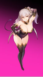 Rule 34 | 1girl, absurdres, breasts, bridal gauntlets, cleavage, covered navel, demon girl, demon tail, demon wings, detached collar, earrings, elbow gloves, gloves, grey hair, hair between eyes, hand on own hip, highres, jewelry, large breasts, leaning forward, leotard, long hair, looking at viewer, low wings, mole, mole on breast, original, peachpa, pointy ears, red eyes, ribbed gloves, ribbed legwear, ribbed leotard, solo, standing, strapless, strapless leotard, stud earrings, tail, thighhighs, wings
